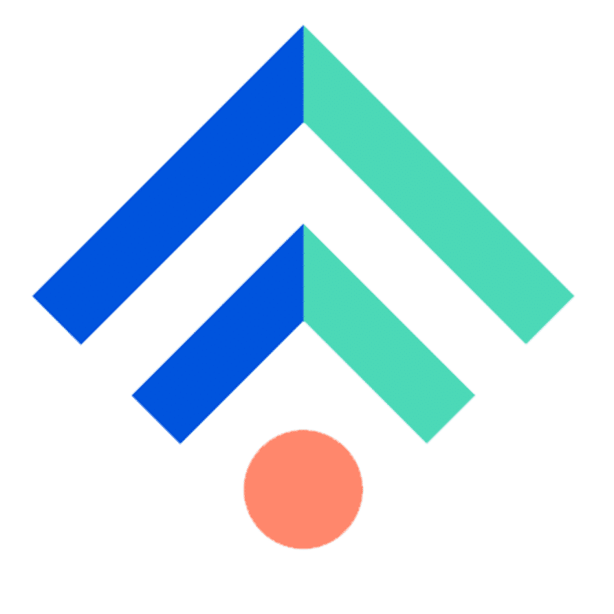Illustration de deux chevrons imbriqués en dégradé bleu, vert et turquoise, sur fond vert, avec un cercle orange en bas.