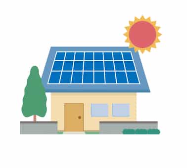 Maison avec panneaux solaires sur le toit, soleil et arbre devant la façade