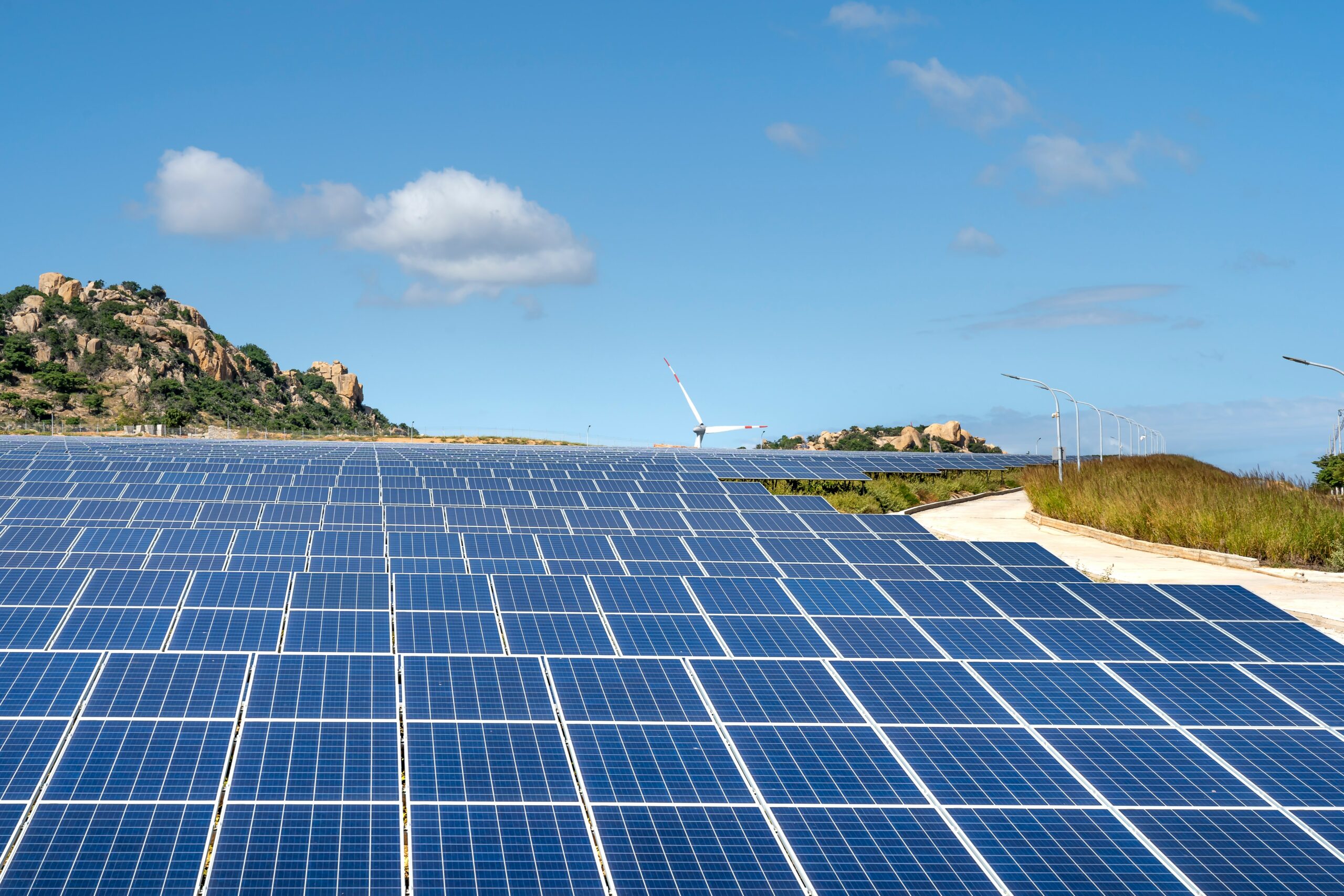 Parc de panneaux solaires bleus installés en bord de mer, avec une éolienne au loin et des rochers sous un ciel bleu.