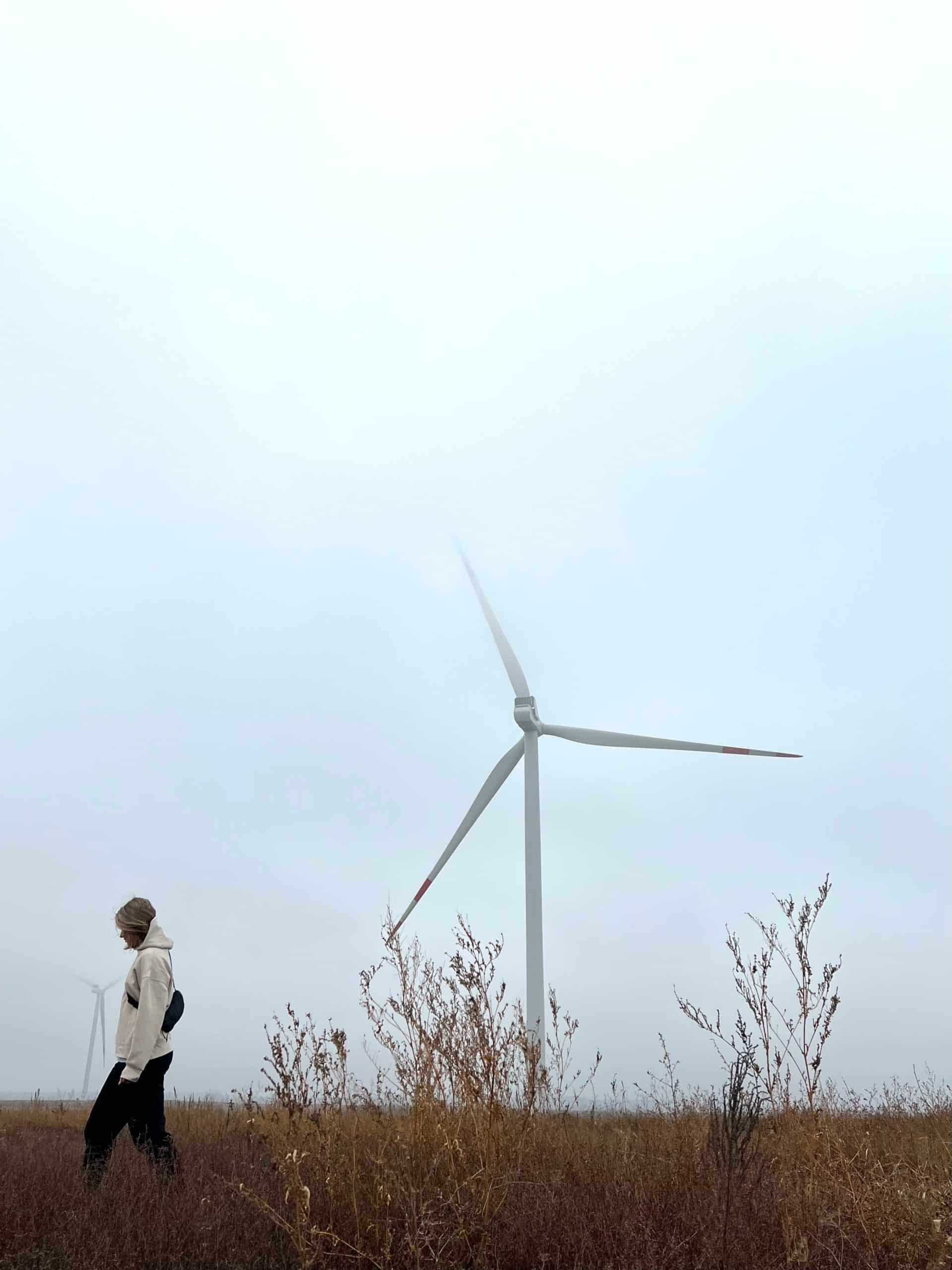 Éolienne blanche avec pales en rotation partiellement visibles, vue contre un ciel bleu, près de buissons secs, avec une personne debout à gauche en premier plan.