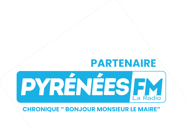 Logo “Partenaire” avec le texte “Pyrénées FM” et la mention “La Radio”, ainsi que “Chronique ‘Bonjour monsieur le maire’” sur fond vert.