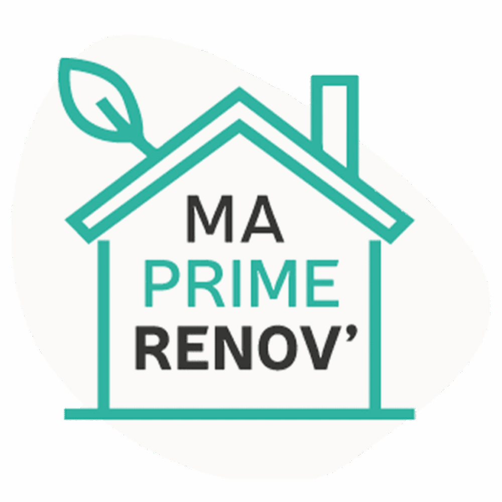 Logo “Ma Prime Renov” avec une maison stylisée, des icônes de pinceau et de cheminée, en vert et noir sur fond blanc.