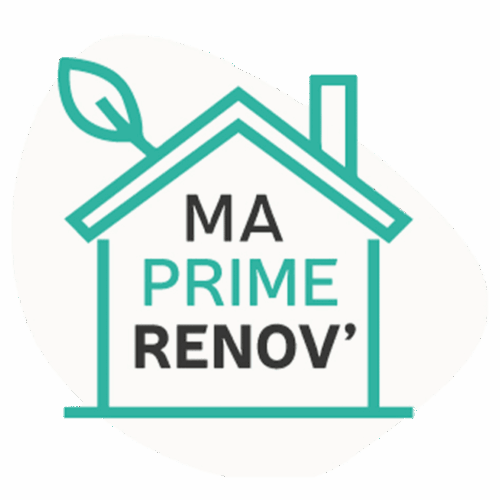Logo “Ma Prime Renov” avec une maison stylisée, des icônes de pinceau et de cheminée, en vert et noir sur fond blanc.