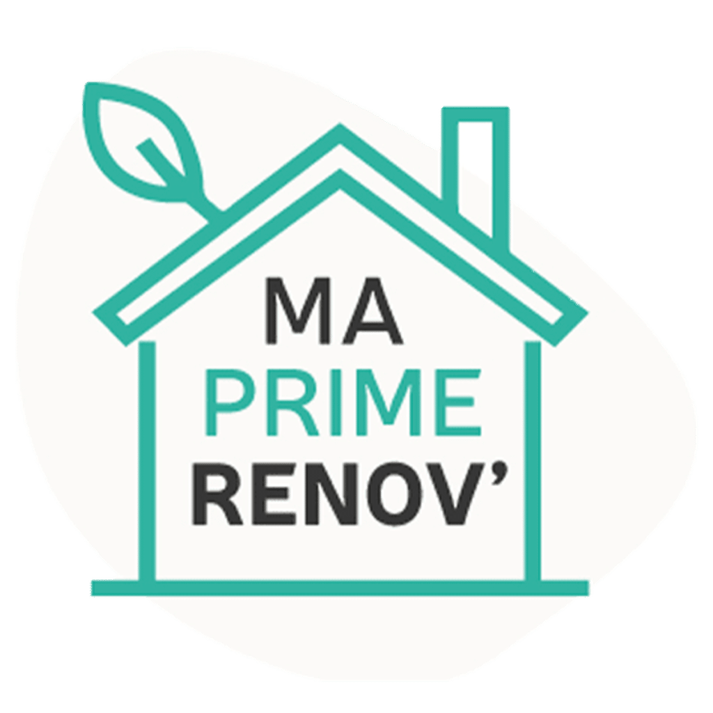 Logo “Ma Prime Renov” avec une maison stylisée, des icônes de pinceau et de cheminée, en vert et noir sur fond blanc.