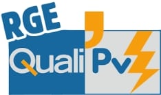 Logo QualiPV avec mention QualiPv et pictogramme de soleil éclair orange sur fond bleu