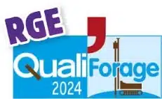 Logo QualiForage 2024 avec texte « RGE » et pictogramme de forage sur fond bleu et blanc