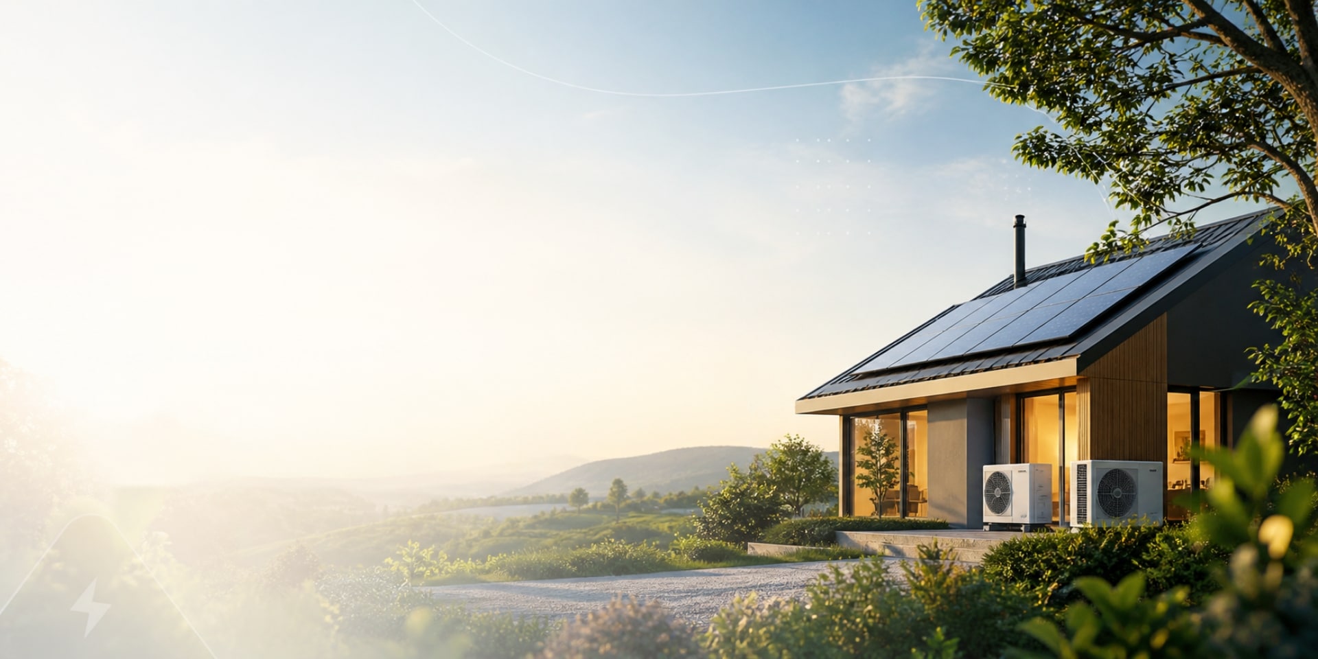 Maison écologique moderne avec panneaux solaires et deux unités de climatisation extérieures, entourée de verdure, au coucher du soleil, vue sur un paysage vallonné.