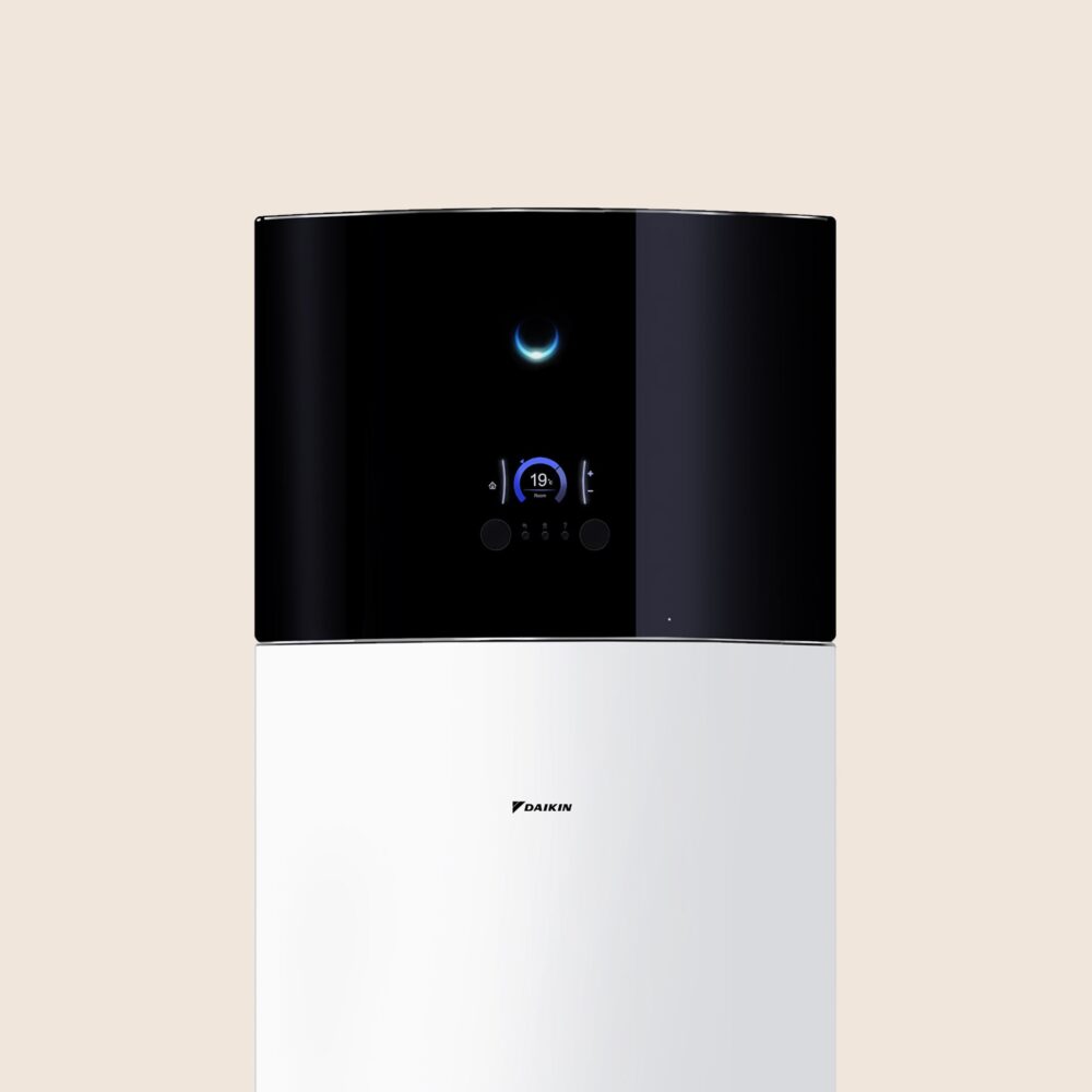 Panneau de commande d’un climatiseur Daikin avec affichage de température réglée à 19 °C et indicateur lumineux bleu.