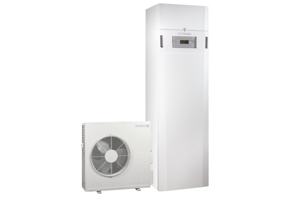 Pompe à chaleur De Dietrich blanche vue de face, avec unité extérieure en bas et module de commande en haut, ventilateur visible sur l’unité extérieure