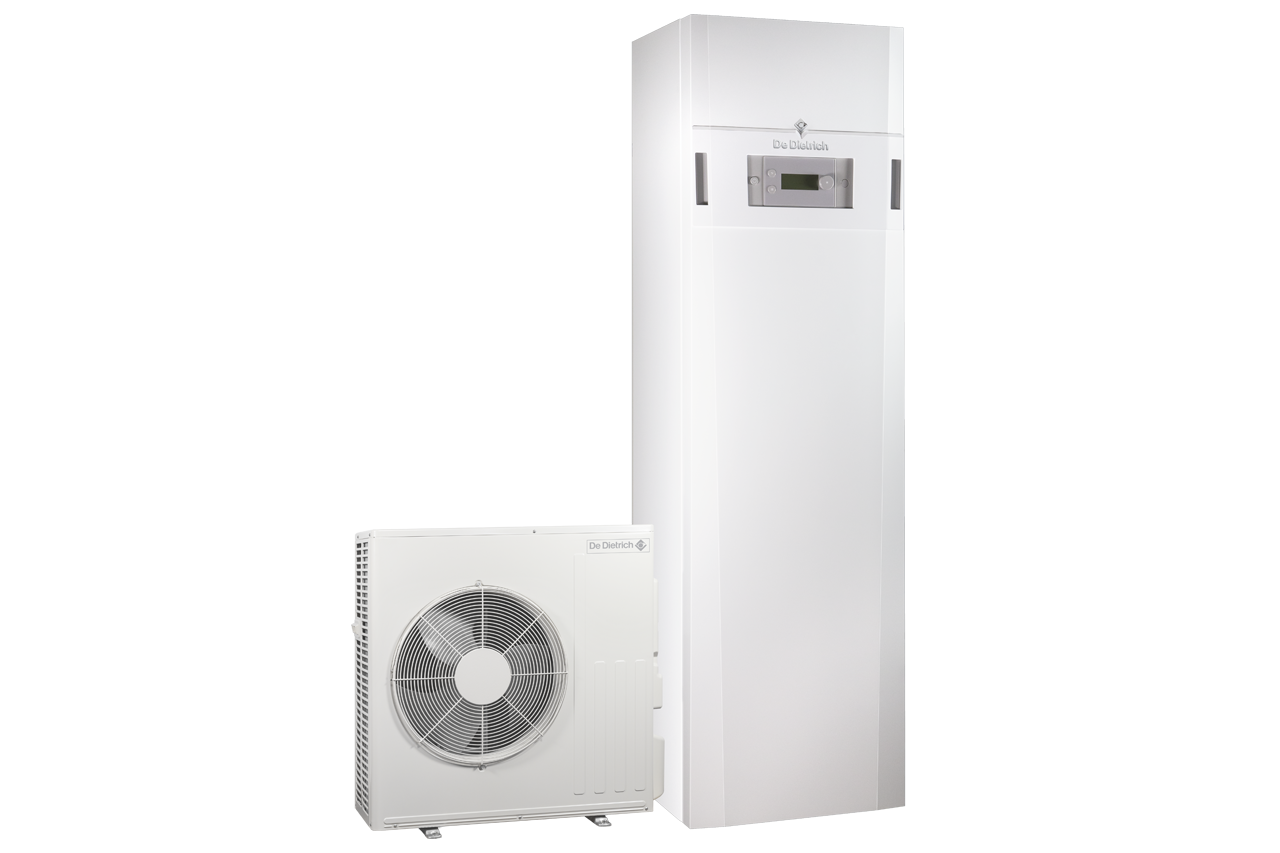 Pompe à chaleur De Dietrich blanche vue de face, avec unité extérieure en bas et module de commande en haut, ventilateur visible sur l’unité extérieure